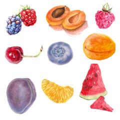 Set of fruits. Set watercolor hand painted fruit. Dessert juice pattern. Colorful isolated. can be used for pattern, cards, menu.