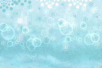 Abstract blurred festive delicate winter christmas or Happy New Year background texture with shiny light turquoise blue and bright bokeh lighted stars and snowflakes. Card concept.
