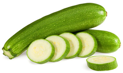 fresh green zucchini or marrow slices isolated on white background. full depth of field. clipping path