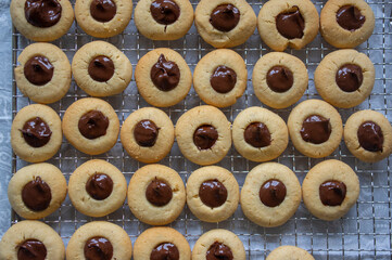 Light brown beige baked peanut cookies filled with dark chocolate, one by one on metal grid, tasty Christmas sweets ready to eat