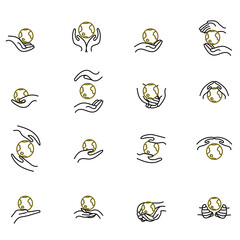 Earth, world, planet in hands set. Icons bundle. Saving nature. Vector illustration.