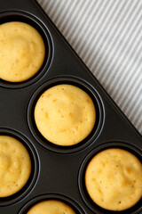 Homemade Cornbread Muffins, top view. Flat lay, from above, overhead.