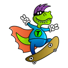 Cool superhero dinosaur on skateboard. Funny vector cartoon tyrannosaurus. Design for print, emblem, t-shirt, party decoration, mascot, sticker, logotype