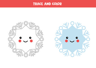 Trace and color kawaii snowflake. Writing skills practice.