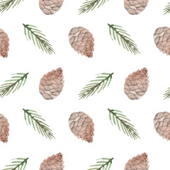 Seamless pattern with watercolor pine cones and Christmas tree branches. Festive background, nature. For the design of gift wrapping, postcards, textiles, wallpaper.