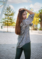 beautiful and slender girl with a mysterious look of beautiful eyes. walking concept. rest and...