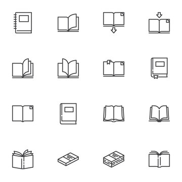 Blank book line icons set, outline vector symbol collection, linear style pictogram pack. Signs, logo illustration. Set includes icons as open book page with bookmark, textbook, notebook