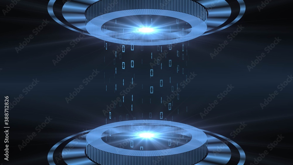 Poster abstract 3d graphic illustration - hud elements in blue on a dark background - light beam in cylinde