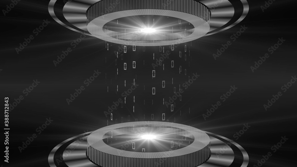 Poster abstract 3d graphic illustration - hud elements in gray on a dark background - light beam in cylinde