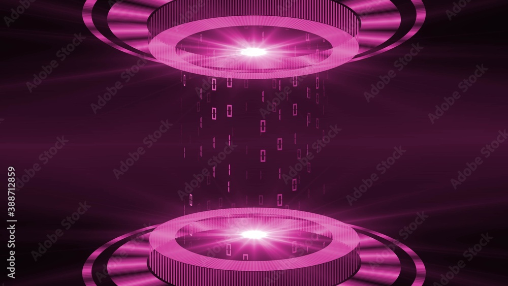 Poster abstract 3d graphic illustration - hud elements in pink on a dark background - light beam in cylinde
