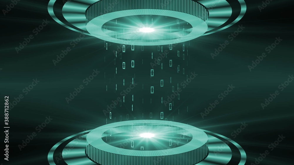 Poster abstract 3d graphic illustration - hud elements in turquoise on a dark background - light beam in cy
