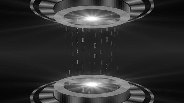 Abstract 3D graphic illustration - HUD elements in gray on a dark background - light beam in cylinder shape with floating digits of the binary code - futuristic digital technology concept