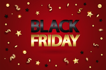 Black friday sale poster with gold star, ball, and ribbon. Black friday sale vector template