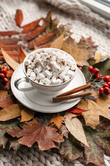 Autumn morning coffee. Cup of coffee with marshmallow and cinnamon on a plaid against the background of autumn leaves. Still life concept.