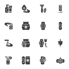 Intimate hygiene, menstruation vector icons set, modern solid symbol collection, filled style pictogram pack. Signs, logo illustration. Set includes icons as sanitary napkin and tampons, feminine pads