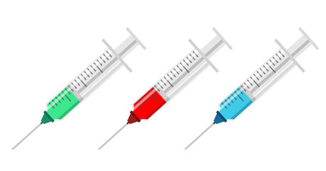A set of syringes with different fluids and medications. Syringe icons in flat style with blue, red and green medicine.