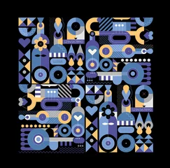 Gordijnen Gekleurd abstract kunstontwerp van wijnflessen en muziekinstrumenten die op een zwarte achtergrond worden geïsoleerd. Geometrische stijl vectorillustratie. ©  danjazzia