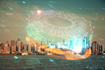 Data theme hologram drawing on city view with skyscrapers background double exposure. Technology...