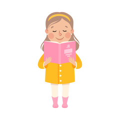 Cute Little Girl Standing and Reading Book, Preschool Girl Enjoying Literature, Kids Education Concept Cartoon Style Vector Illustration