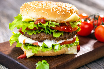 hamburger on a wooden background