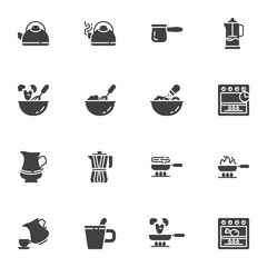 Cooking utensil vector icons set, modern solid symbol collection, filled style pictogram pack. Signs, logo illustration. Set includes icons as tea kettle, french press, gas oven, frying pan, microwave