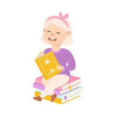 Happy Little Girl Sitting on Pile of Books and Reading, Preschool Girl Enjoying Literature, Kids Education Concept Cartoon Style Vector Illustration