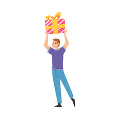 Joyful Guy Holding Gift Box over His Head, Happy Person with Holiday Symbol, Happy Birthday Concept Cartoon Style Vector Illustration