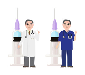 注射器と老練な男性医師
