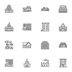 Buildings line icons set, outline vector symbol collection, linear style pictogram pack. Signs, logo illustration. Set includes icons as bank building, county house, hospital, church, school, library