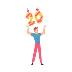 Joyful Guy with Burning 20 Number Candles over his Head, Happy Birthday Concept Cartoon Style Vector Illustration