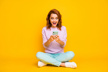 Omg new follower Full body photo crazy addicted woman sit legs crossed use smartphone read social...