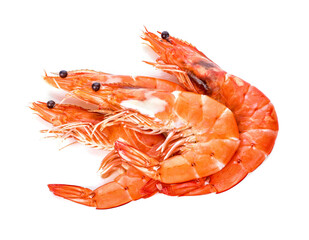 Boiled shrimp isolated on a white background. top view