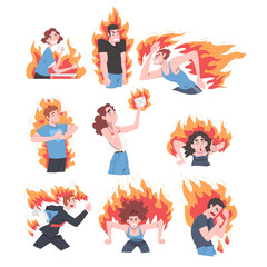 Burning People Set, Stress, Burnout, Love, Emotional Problems Concept Cartoon Style Vector Illustration