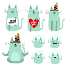 vector set of cartoon cats. yoga, meditation, sweet home, the cat is sleeping, the cat is playing, emotions.
