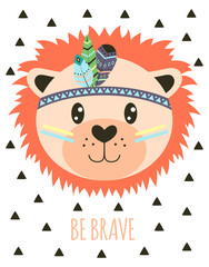 card with tribal cartoon lion, vector illustration