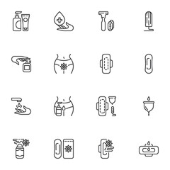 Intimate hygiene, menstruation line icons set, outline vector symbol collection, linear style pictogram pack. Signs logo illustration. Set includes icons as sanitary napkin and tampons, feminine pads,