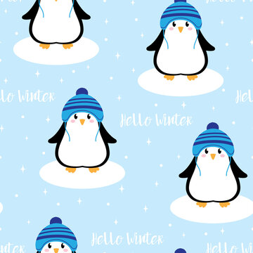 winter pattern with cute penguin, vector illustration