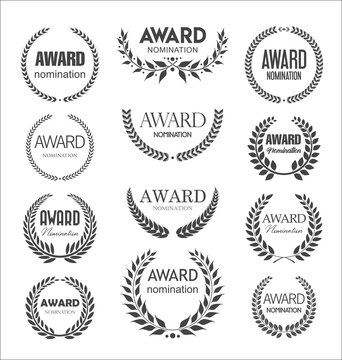Black award signs with laurel wreath isolated on white background 