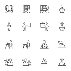Back to school line icons set, education outline vector symbol collection, linear style pictogram pack. Signs, logo illustration. Set includes icons as book reading, teacher, graduate student, ebook
