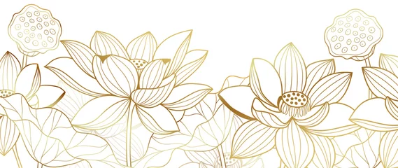 Goldene Lotus-Linienkunst auf dunklem Hintergrund, luxuriöses Goldtapetendesign für Drucke, Banner, Stoff, Poster, Cover, digitale Kunstvektorillustration. © TWINS DESIGN STUDIO