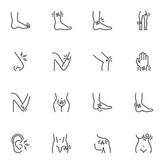 Body ache line icons set, body pain outline vector symbol collection, linear style pictogram pack. Signs, logo illustration. Set includes icons as ear pain, nose, urination, arm joint, ankle, shoulder