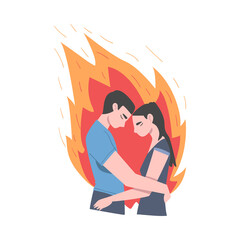 Love Fire, Burning Romantic Couple Embracing Cartoon Style Vector Illustration