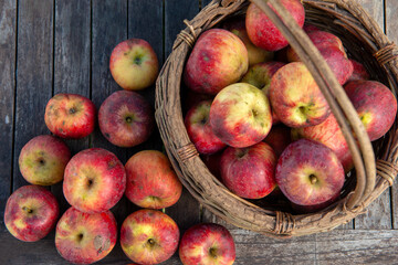 Basket of fresh apples on the wooden table in garden