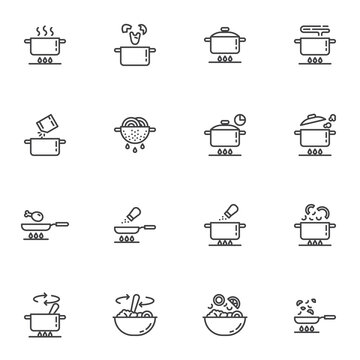 Cooking instruction line icons set, food preparation outline vector symbol collection, linear style pictogram pack. Signs, logo illustration. Set includes icons as boiling pot on gas stove, frying pan