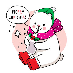Hand draw cartoon cute Merry Christmas, Polar bear drink milk vector.