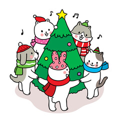 Hand draw cartoon cute Merry Christmas,Adolable animals and tree christmas vector.
