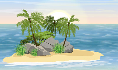Small tropical wasp in the ocean. Summer landscape. Sea, sandy island with palms and other tropical plants. Sunset in the south. Realistic vector landscape