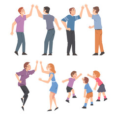 Fototapeta na wymiar People Giving High Five Set, Cheerful Friends or Colleagues Characters Meeting Cartoon Style Vector Illustration