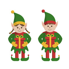 Set of two elves boy and girl with gifts in their hands. Santa's helpers hold Christmas gifts in their hands. Elves in green caps, gold gloves, red pants and green jacket on a white background isolate