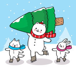 Hand draw cartoon cute Merry christmas, Friends fox, polar bear, rabbit and tree christmas vector.